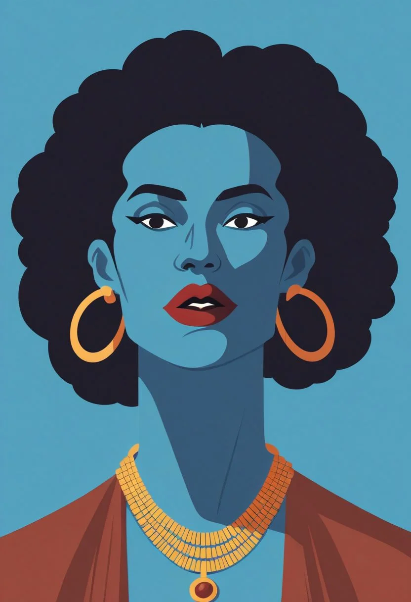 vztdzsxx, 1girl, solo, jewelry, necklace, colored skin, earrings, dark-skinned female, black hair, dark skin, black eyes, big hair, simple background, upper body, very dark skin, blue background, hoop earrings, lipstick, flat color, lips, flat color, vector art, illustration, vector illustration, cel shading, simple coloring, score_9, score_8_up, score_7_up, score_6_up, score_5_up, score_4_up