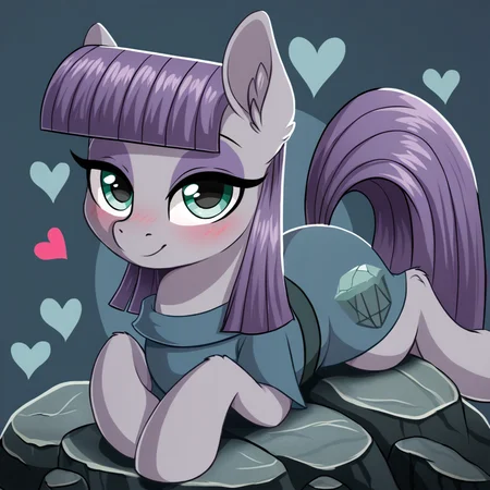 score_9, score_8_up, score_7_up, score_6_up, score_5_up, score_4_up, rating_safe, tom, maud pie, earth pony, female, mare, pony, solo, blushing, cute, heart, looking at you, prone, rock, ear fluff, when she smiles, maudabetes, that pony sure does love rocks, big ears, lidded eyes, smiling, leg fluff, g4, detailed, beautiful, detailed background, <lora:Wholesome-MLP-v1.3b:1>
