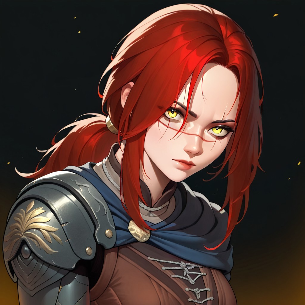 masterpiece, best quality, newest, absurdres, highres, ArcaneEyes-IL, 1girl, millicent \(elden ring\), yellow eyes, red hair, long hair, ponytail, scar, prosthetic arm, single mechanical arm