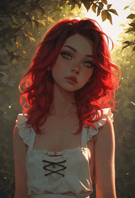 score_8_up,score_7_up,score_6_up,score_5_up,score_4_up , 1girl, French side braids, brown hair, crimson highlights in hair, red hood, green short dress, white apron, socks decorated with cute cartoon wolves, red mary janes, small breasts, small round belly, cleavage, nip slip, dark nipple, forest, detailed background,  cowboy shot, commix style ,sun rays, dynamic lighting, dynamic lighting, cinematic lighting