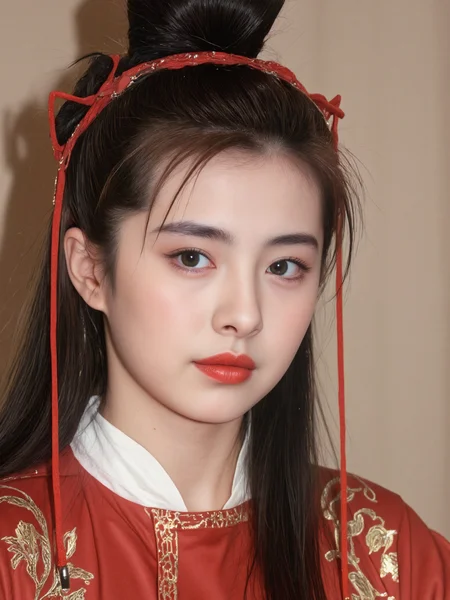 This is a high-resolution photograph of a young East Asian woman with fair skin and delicate features. She has long, straight, dark brown hair styled in a updo with red ribbons, adding a traditional touch. Her eyes are almond-shaped, with a subtle, natural makeup look, and her lips are painted a bold red, matching the ribbons. She wears a red traditional Chinese outfit with a white collar and intricate gold embroidery. The background is a soft, neutral beige, ensuring the subject stands out. The lighting is soft and even, highlighting her youthful complexion. The composition uses the rule of thirds, with her face positioned slightly off-center. The camera angle is at eye level, providing an intimate and engaging perspective.