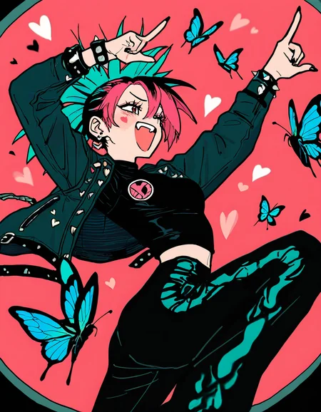 masterpiece, best quality, absurdres, highres, new, amazing quality, 1girl, aged-up, punk, ballerina, dancing, magic, hearts, butterflies, happy, black-hair, aqua-hair, pink-hair, leather-jacket, spiked-bracelet, pink-theme, general
