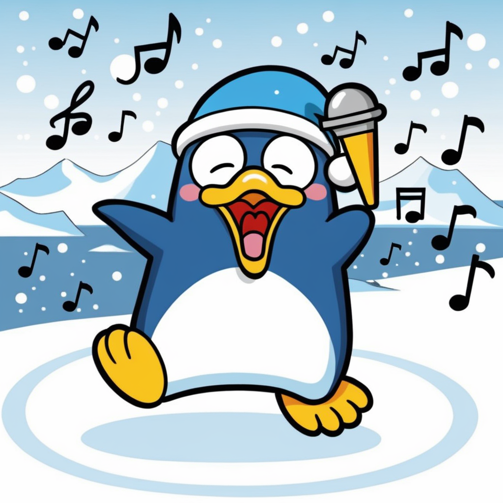 A cartoon style image of a joyful penguin engaged in singing. The penguin should be standing upright, with its beak open as if it's belting out a tune. Its eyes should be bright, and its posture should convey enthusiasm and happiness. The setting can be a natural Antarctic environment, with snow and ice in the background to provide context. Optionally, musical notes can be added around the penguin to emphasize that it is singing. <lora:donpen:0.65>