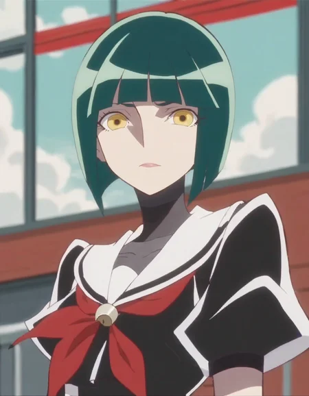 score_9, score_8_up, score_7_up, 1girl, solo, anime screencap,   yellow eyes, green hair, short hair,  bob cut, school uniform,<lora:darkprecure:0.8>