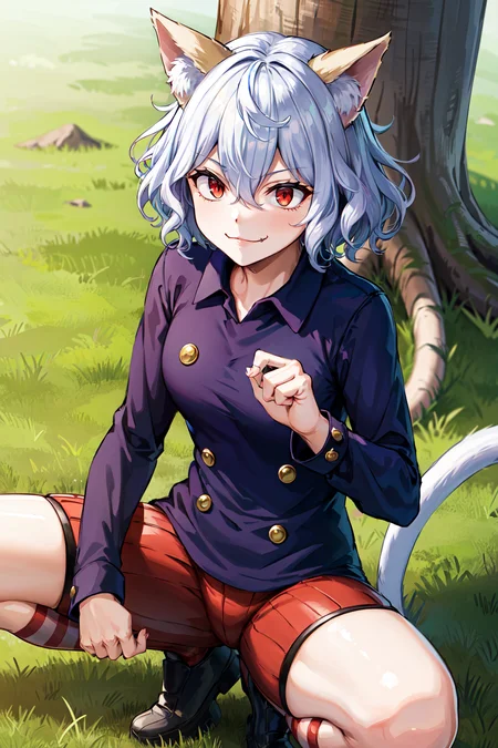 masterpiece, best quality, highres, neferpitou1, cat ears, (cat tail:0.6), solo, short hair, red eyes, long sleeves, hair between eyes, :3, curly hair, striped, cat girl, buttons, striped shorts, <lora:neferpitou_v1:0.6>, squatting, smirk, evil smile, tree, grass,