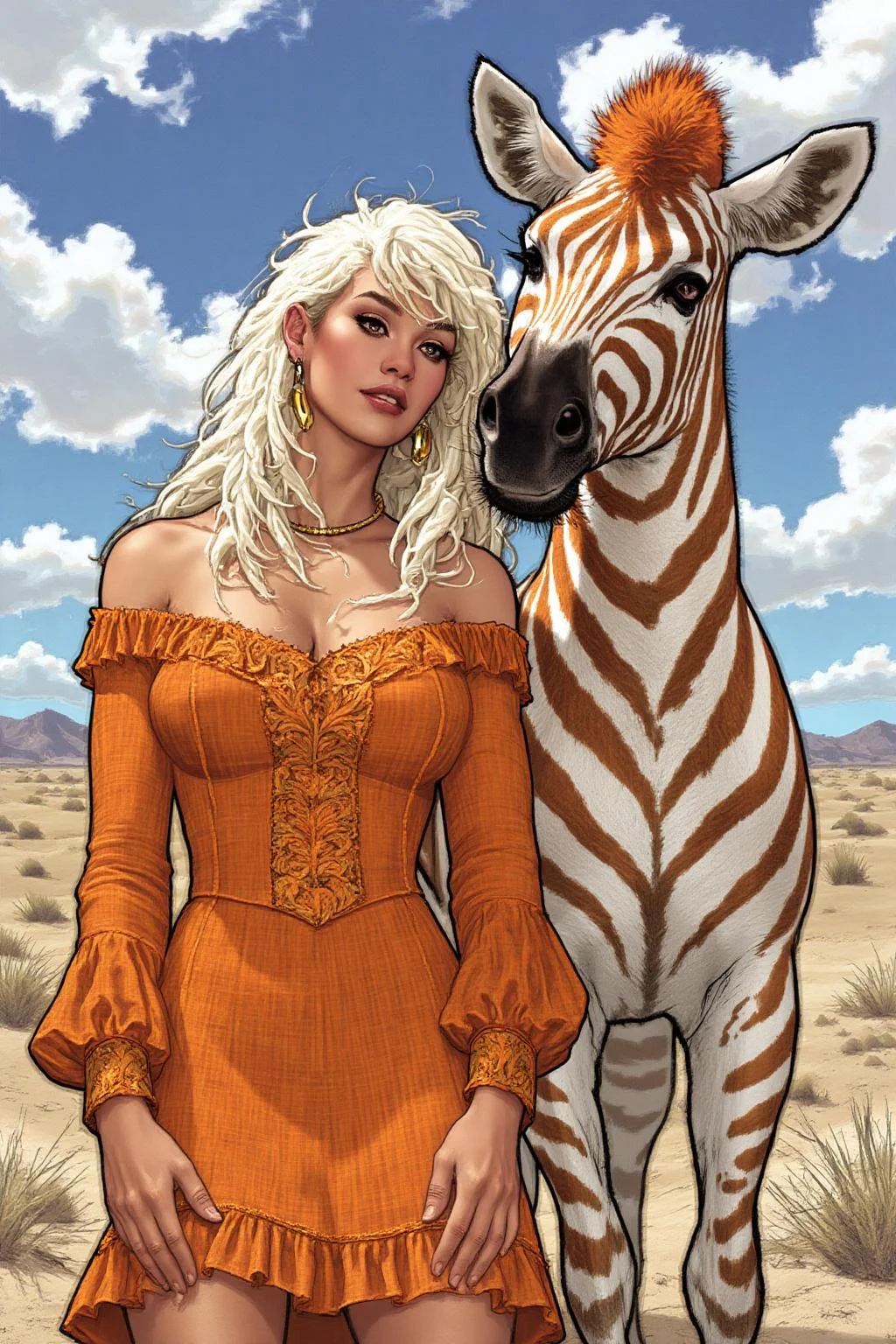 adhughes1 illustration in a comic book style.
a striking juxtaposition of a woman and a zebra against a vast, arid landscape under a bright, sunny sky. The woman, with long, flowing dreadlocks dyed in a gradient from white to a vibrant orange, is dressed in an off-shoulder, long-sleeved, orange dress made of a textured fabric that appears to be a blend of cotton and silk. The dress has a ruffled hem and intricate embroidery along the neckline and sleeves. She is leaning affectionately against the zebra, which has striking white and orange stripes, creating a harmonious blend of colors. The zebra's mane is also dyed orange, matching the woman's hair. The woman's skin tone is light, and her eyes are accentuated with subtle makeup, giving her a natural yet striking appearance. The background consists of a vast, sunlit landscape with dry, sandy terrain and sparse vegetation, indicating a desert environment. The sky is mostly clear with a few scattered clouds, suggesting a bright, clear day.
<lora:adhughes1_cap_d8a4e12:1.0><lora:832443290214351277:0>