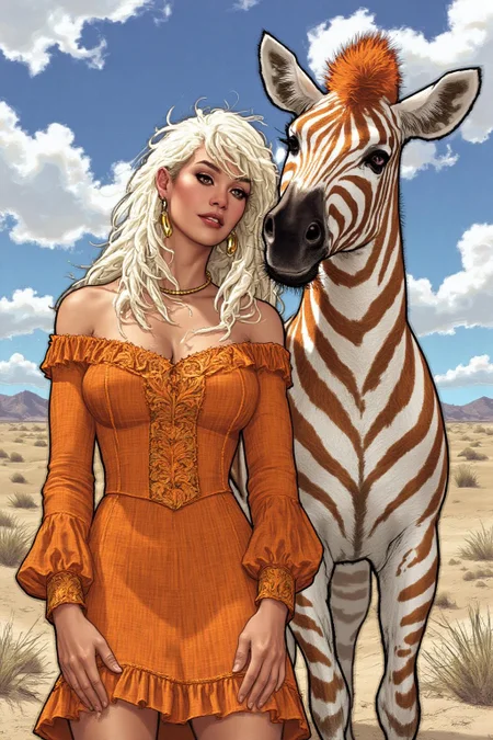 adhughes1 illustration in a comic book style.
a striking juxtaposition of a woman and a zebra against a vast, arid landscape under a bright, sunny sky. The woman, with long, flowing dreadlocks dyed in a gradient from white to a vibrant orange, is dressed in an off-shoulder, long-sleeved, orange dress made of a textured fabric that appears to be a blend of cotton and silk. The dress has a ruffled hem and intricate embroidery along the neckline and sleeves. She is leaning affectionately against the zebra, which has striking white and orange stripes, creating a harmonious blend of colors. The zebra's mane is also dyed orange, matching the woman's hair. The woman's skin tone is light, and her eyes are accentuated with subtle makeup, giving her a natural yet striking appearance. The background consists of a vast, sunlit landscape with dry, sandy terrain and sparse vegetation, indicating a desert environment. The sky is mostly clear with a few scattered clouds, suggesting a bright, clear day.
<lora:adhughes1_cap_d8a4e12:1.0><lora:832443290214351277:0>