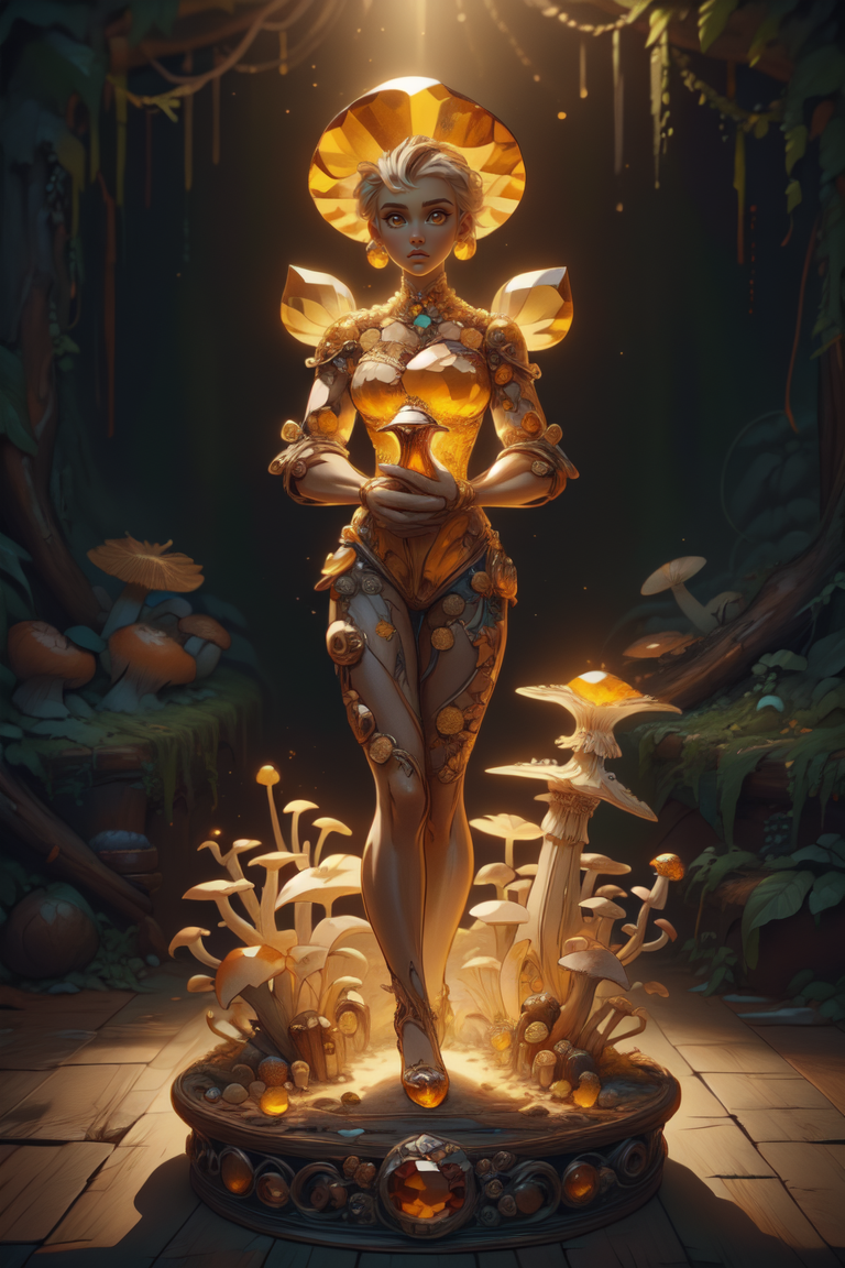 breathtaking 1girl, full shot, full body, <lora:ral-mushroomz:1> mushroomz <lora:citrine-style-darquelilly-v1:1> citrinegemstyle, masterpiece, award-winning, professional, highly detailed, low key lighting, chiaroscuro lighting