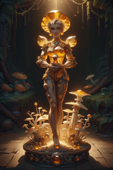 breathtaking 1girl, full shot, full body, <lora:ral-mushroomz:1> mushroomz <lora:citrine-style-darquelilly-v1:1> citrinegemstyle, masterpiece, award-winning, professional, highly detailed, low key lighting, chiaroscuro lighting