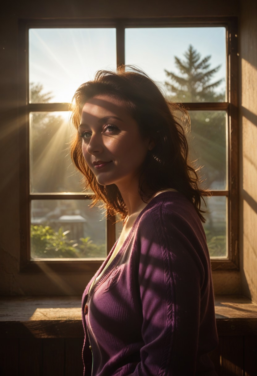 score_9, score_8_up, score_7_up, masterpiece, ultra detailed, best quality, 1 woman,close up portrait, mature woman, standing in front of window, light coming through window, silhouette, dynamic lighting, view from side,
expressive face, expressive body, expressive emotions, dynamic pose, intense gaze, lively eyes, detailed facial expression, engaging presence.
 detailed skin, perfect quality, hyper quality, perfect shadows,dark hair, purple cardigan, lot of shadows, perfect lighting, ultra realistic reflections, hyper realistic, ultra realism, 8k, masterpiece,