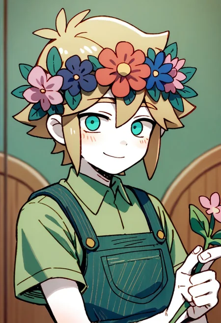 score_9,score_8_up,score_7_up,source_anime, BASIL (head space),solo,looking at viewer,blush,smile,shirt,1boy,holding,closed mouth,upper body,flower,short sleeves,male focus,collared shirt,white skin,green shirt,overalls,male child,head wreath,