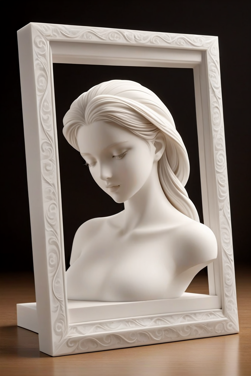 high-quality sculpting,ultra high res,intricate detailing,smooth surface finish,crisp edge definition,precise form accuracy,advanced depth and relief,high-fidelity structure,clean and refined shapes,well-balanced contrast,physically accurate proportions,subtle surface texture,masterful craftsmanship,
<lora:3DPrinting2XL-000001:0.8>,white model,3d printing,unpainted,monochrome,simple background, Personalized photo frame, elegant wood finish, simple design, cherished memories, warm lighting, heartfelt display, domestic comfort.