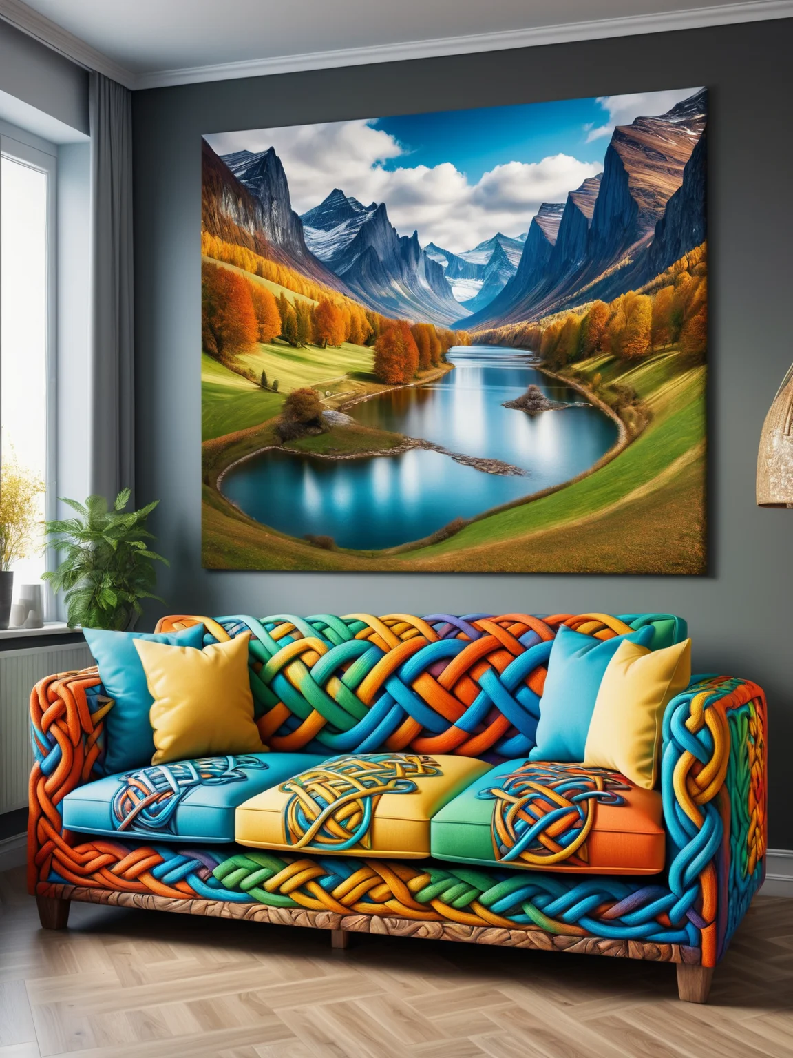 colorful mad-viking-knot sofa in living room, photo of a landscape on the wall <lora:Colorful_Viking_Knot_SDXL:0.5>, (masterpiece:1.2), best quality, (hyperdetailed, highest detailed:1.2), high resolution textures