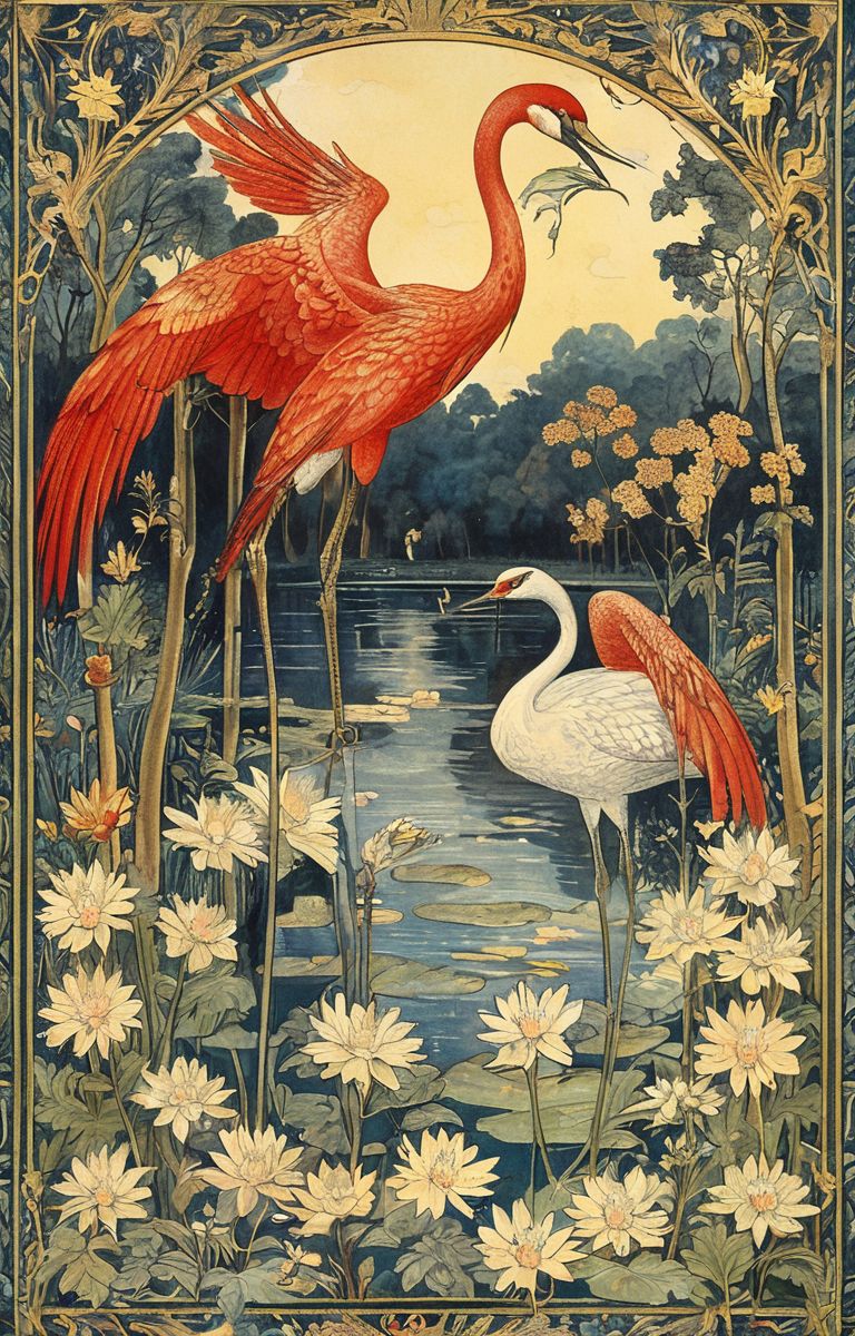 masterpiece,best quality,<lora:tbh132-sdxl:0.8>,animals,illustration,style of Walter Crane,