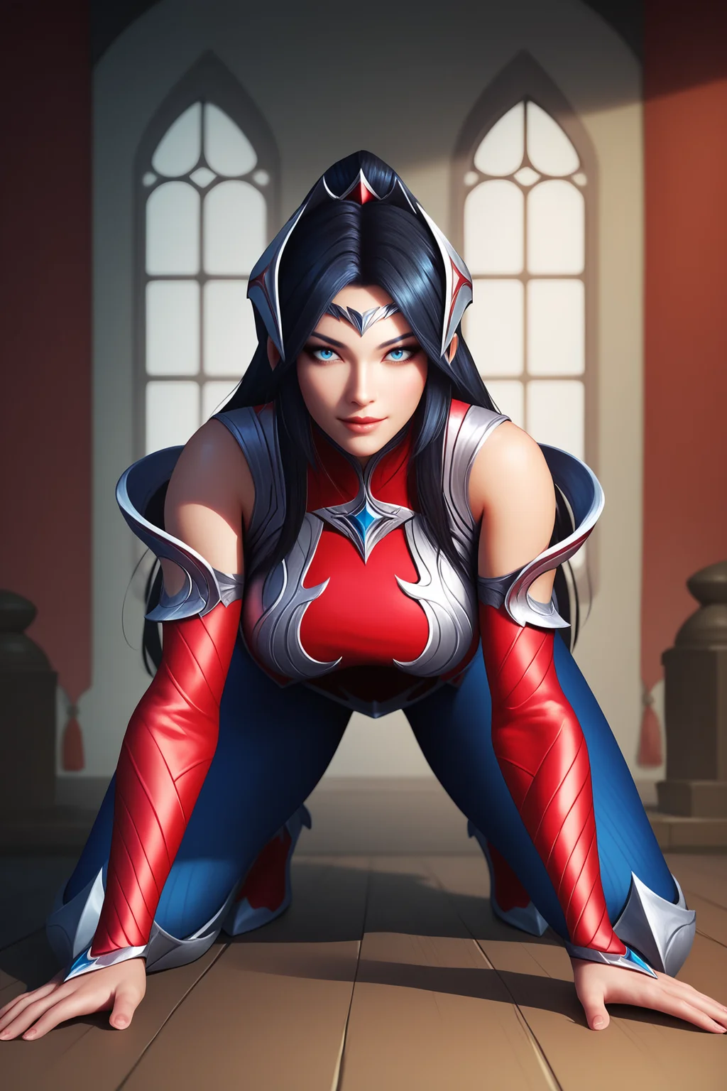 score_9, score_8_up, score_7_up, score_6_up, score_5_up, score_4_up, IreliaLoLXL, blue eyes, black hair, long hair, hair ornament, forehead ornament, large breasts, grey armor, pauldrons, red dress, detached sleeves, guantlets, blue pants, greaves, red armored boots, solo, all fours, seductive smile, looking at viewer, indoors <lora:IreliaLoLXL:0.8>