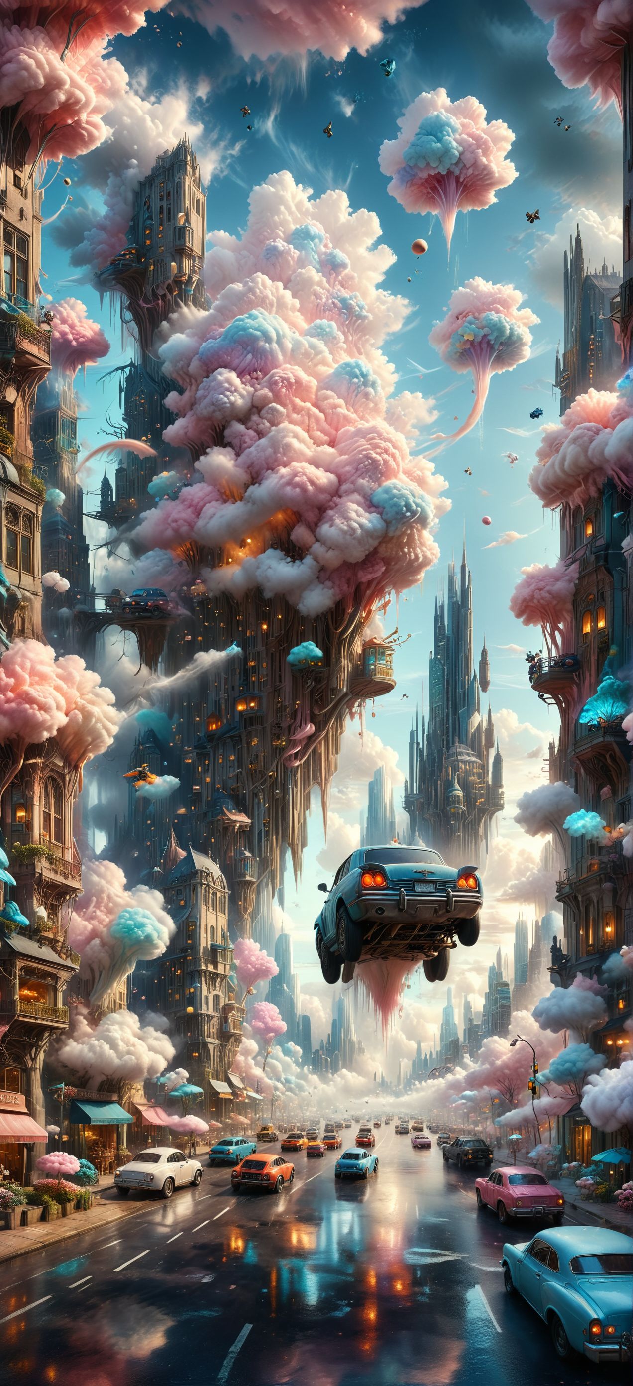 A surrealist depiction of a bustling cityscape, where skyscrapers have whimsical shapes and colors, floating clouds resemble giant cotton candies, and cars navigate through upside-down streets. The scene exudes a dreamy, fantastical atmosphere with unexpected twists at every corner.
(masterpiece, award winning artwork)
many details, extreme detailed, full of details,
Wide range of colors, high Dynamic
<lora:add-detail-xl:0.89>
<lora:ral-fntsyrlms-sdxl:0.85> ral-fntsyrlms 
 <lora:xl_more_art-full_v1:0.5> <lora:SDXLFaeTastic2400:0.4>
 <lora:dvr-lnds-sdxl:0.25> dvr-lnds-sdxl