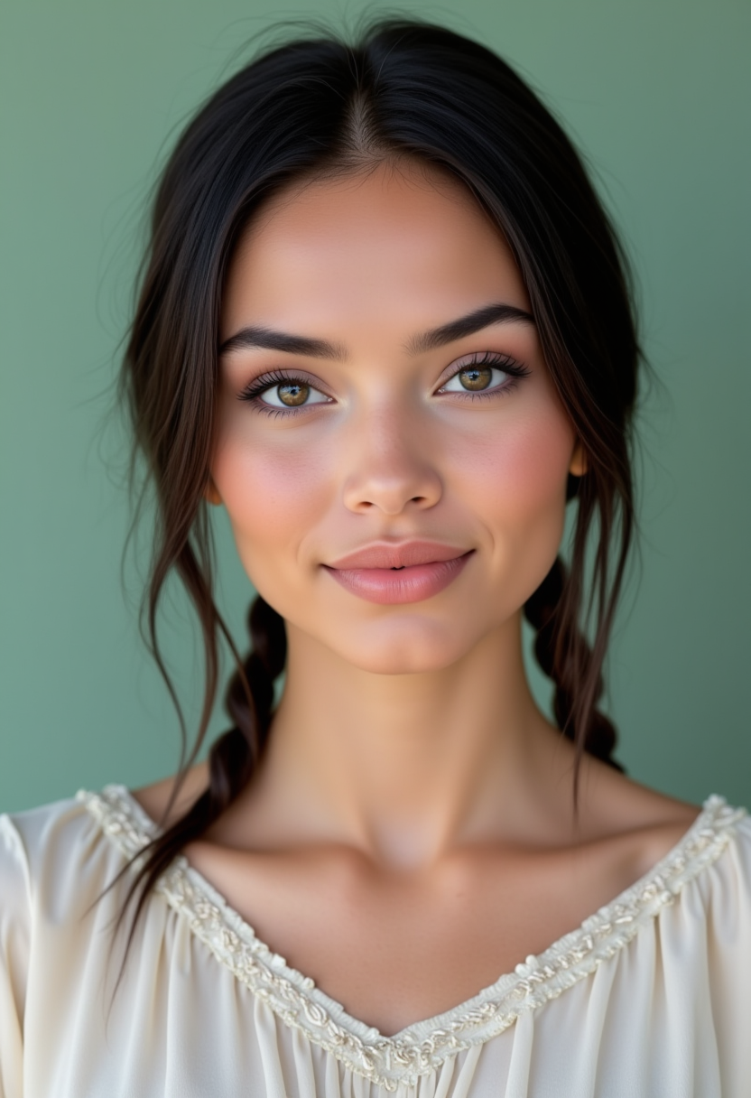 She is approximately 18 years old. Hyperrealism, she is looking at the camera, (dynamic angles), profile headshots of a beautiful, stunning unique female character.  she has braid dark hair. her eyes are filled with joy and excitement, extravagant eyelashes. a photo of Maid3n, she is wearing a white frilly shirt. The woman is posing confidently. simple sage green colored background. She has a slight smile on her face and is looking directly at the camera. making this image a masterpiece of photography and digital art. realistic. making this image a masterpiece of photography and digital art. Style: realistic hyper-detailed rendering, 32k UHD, expressive eyes, punk, graphic design, girl's face, pretty and cute, gleaming lips, telling a tale of adventure. Exuding confidence and serenity. The overall mood of the image is happy and relaxed,detailed skin texture,(blush:0.2),(goosebumps:0.3),subsurface scattering,whimsical,Detailed hand, Perfect hand. Perfection style.