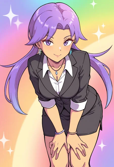 hinosaki, [[leveen]], 2d, masterpiece, best quality, amazing quality, 1girl, solo, close-up, standing, smile, upper body, leaning_forward, looking at viewer, multicolored background, sparkle, rainbow background, colorful background,
lassgsc, lass \(pokemon gsc\), purple eyes, purple hair, long hair, low twintails, dark-skinned female
masterpiece, best quality, amazing quality, highres, absurdres, newest, adult body, mature female, grown up, medium breasts, office lady,black jacket, collared shirt, pencil skirt, black skirt, bracelet, necklace, earrings