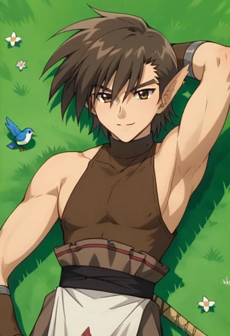 ((masterpiece)), ((best quality)), ((ultra-detailed)), score_9_up, score_8_up, score_7_up,
HD, top quality, best quality, High-quality illustrations, anime screencap, 1boy, 1male, solo male, male focus, anime boy, cute, kawaii, adorable, handsome, sexy, attractive, tall, tall body, lean body, fit lean body, Oboro, long spiky brown hair, brown eyes, long pointy elf ears, brown sleeveless turtleneck, silver neck lining, brown arm gauntlets, brown pants, long white loincloth, on the ground with grass, laying on the ground, resting on the ground, grass, resting, hand behind head pose, happy, happy expression, smiling, top view, view from the top, bird's eye view, sunny, sunlight rays