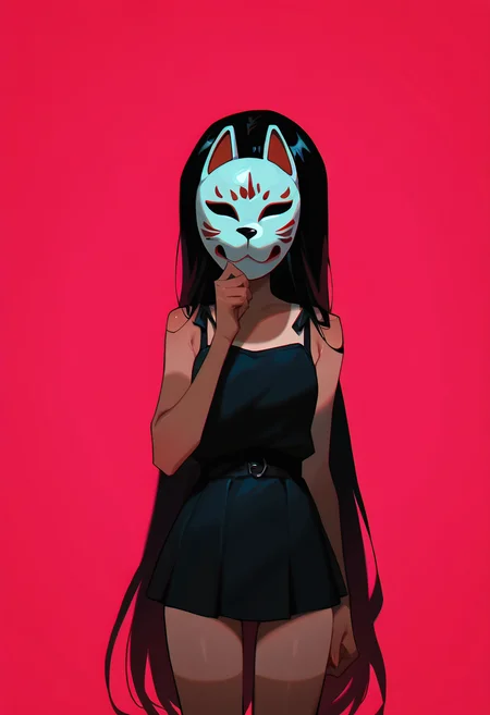 1girl,  petite, black hair,  very long hair,       tanline,   
BREAK   1girl, holding a no eyes fox mask with hand, (wide-eyed:0.8),         
BREAK                   k-pop make up, kpop idol, (pink background),       
BREAK general, masterpiece, best quality, absurdres, highres, newest, <lora:Corvidae_v1.1:0.8>