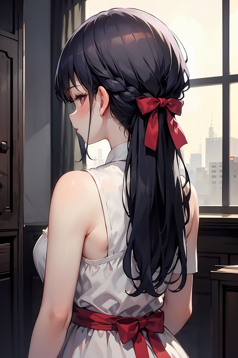 (masterpiece, best quality), 1girl,   <lora:kamiusiro_ribbon behind hair:1> kamiusiro, from behind, ribbon behind hair