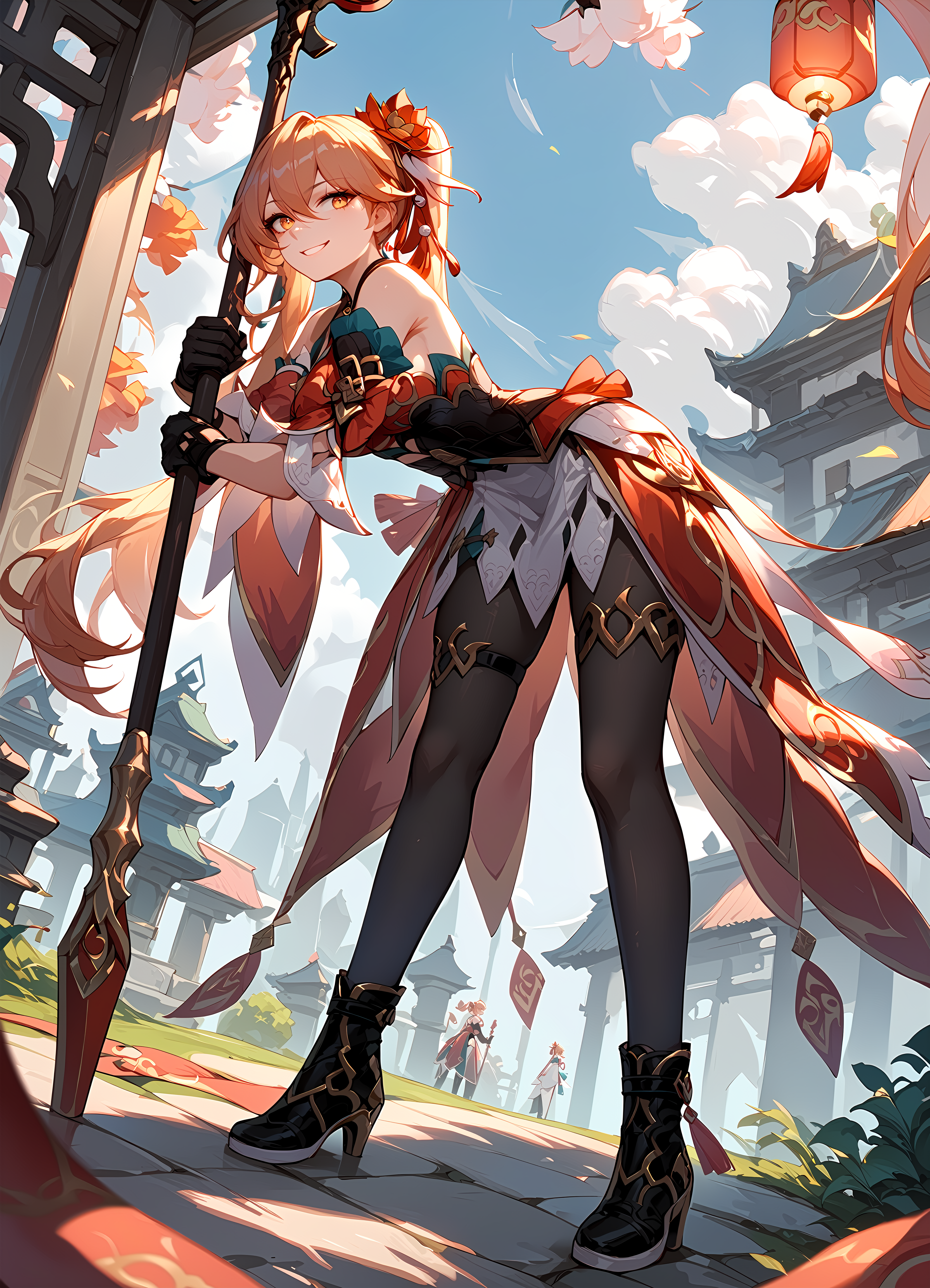 (score_9, score_8_up, score_7_up), 1girl, guinaifen, detached sleeves, black gloves, black pantyhose, thigh strap, black boots, standing, leaning forward, holding polearm, smile, <lora:guinaifen-strPO-v1b:0.9>