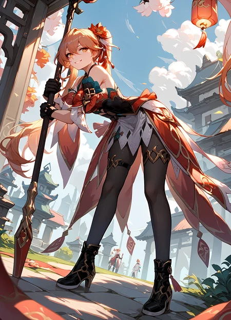 (score_9, score_8_up, score_7_up), 1girl, guinaifen, detached sleeves, black gloves, black pantyhose, thigh strap, black boots, standing, leaning forward, holding polearm, smile, <lora:guinaifen-strPO-v1b:0.9>