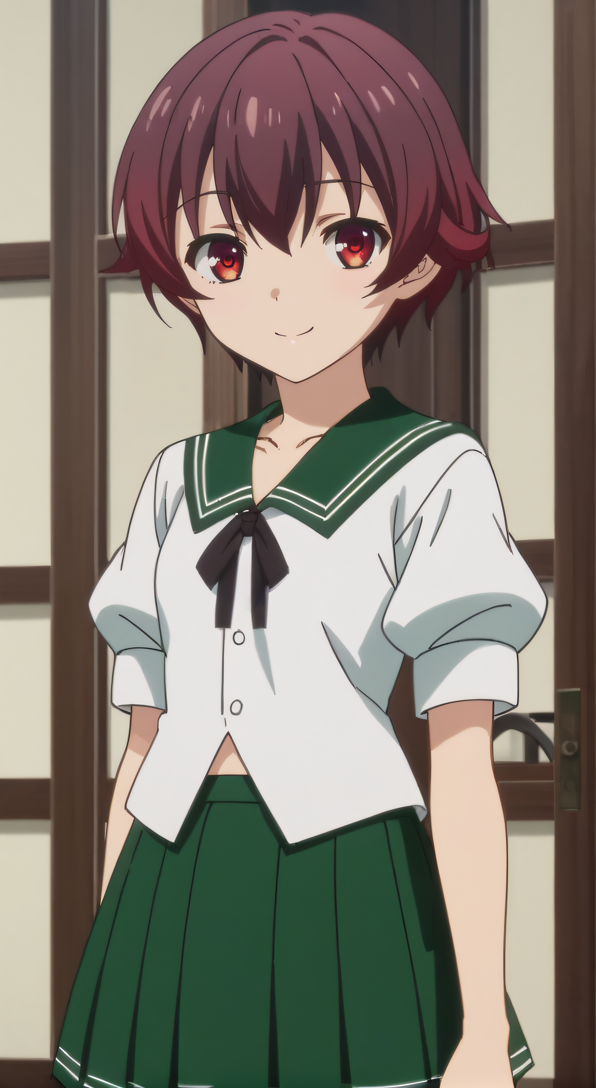 score_9, score_8_up, score_7_up, source_anime, rating_safe, intricate details, anime screencap, official style, anime coloring, 1girl, solo, <lora:Mutsuki:1>, mutsuki, short hair, red eyes, serafuku, green sailor collar, short sleeves, green skirt, pleated skirt, black pantyhose, looking at viewer, smile, indoor, cowboy shot