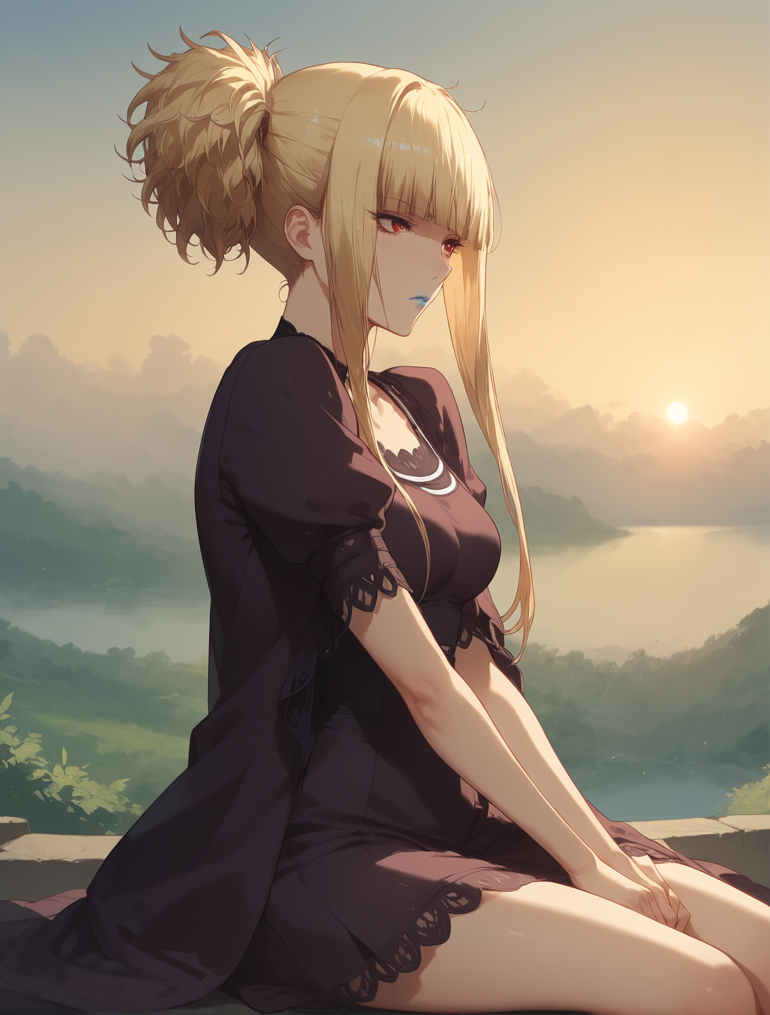 score_9, score_8_up, score_7_up, Expressiveh, ultra detailed, 1 girl,<lora:Kongou:0.8>,kongou_aoki,  blond hair,red eyes,blue lips,small hips,  sitting on the edge of a cliff, sad, women in a cell, against the backdrop of clouds and sunset, bokeh,  <lora:Expressive_H:0.8>, <lora:Concept Art Twilight Style SDXL_LoRA_Pony Diffusion V6 XL:0.8>,