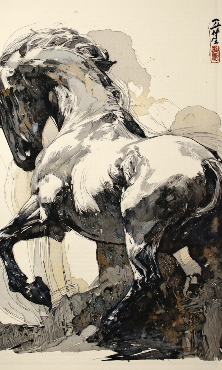 Art by Thomas Haller Buchanan. A black and white ink drawing of a horse in a dynamic pose, captured from a profile camera angle, showcasing a strong and muscular male horse standing on all fours. the horse is depicted in a standing position, with its back arched and its head turned slightly to the side, showcasing its muscular body and flowing mane and tail. the background is a simple, abstract mix of light and dark tones, with some brush strokes and lines adding texture and depth to the image. on the top right corner of the image, a japanese calligraphy signature is visible, adding a touch of elegance to the overall composition. the style is reminiscent of traditional Japanese art, with bold lines and shading that create a sense of movement and energy, making the horse appear almost lifelike.
