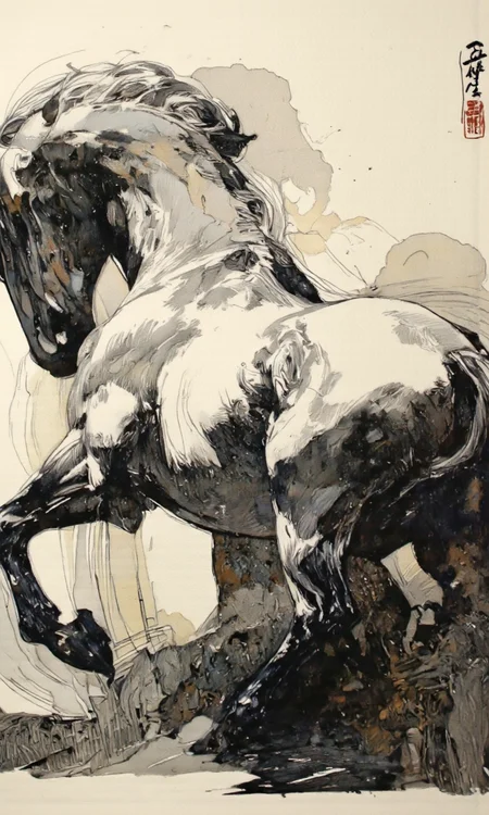 Art by Thomas Haller Buchanan. A black and white ink drawing of a horse in a dynamic pose, captured from a profile camera angle, showcasing a strong and muscular male horse standing on all fours. the horse is depicted in a standing position, with its back arched and its head turned slightly to the side, showcasing its muscular body and flowing mane and tail. the background is a simple, abstract mix of light and dark tones, with some brush strokes and lines adding texture and depth to the image. on the top right corner of the image, a japanese calligraphy signature is visible, adding a touch of elegance to the overall composition. the style is reminiscent of traditional Japanese art, with bold lines and shading that create a sense of movement and energy, making the horse appear almost lifelike.