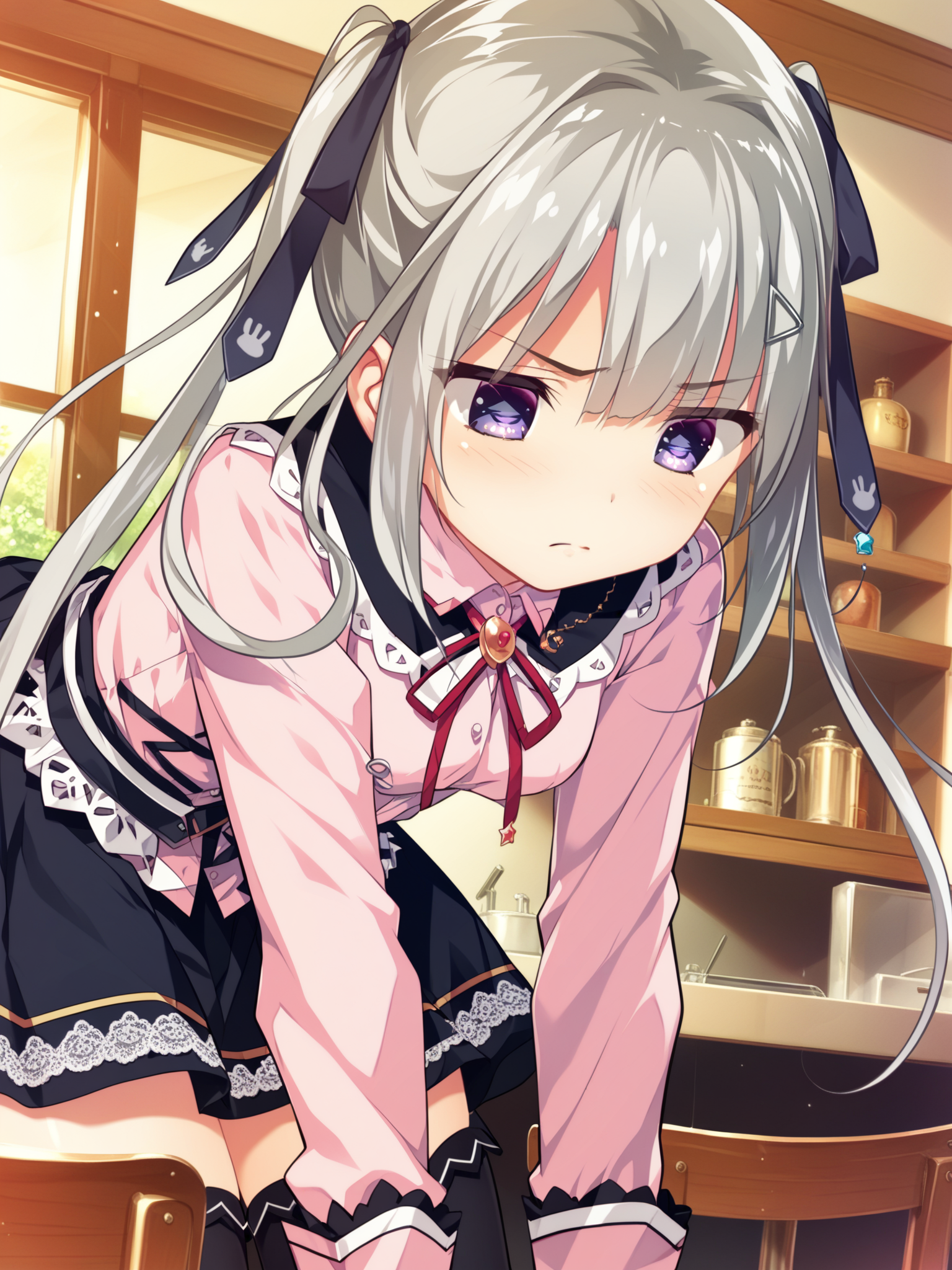 <lora:happy_tentacle-kuon-v0.2-000030:1>, ht_kuon, pink shirt, skirt, lace trim, long sleeves, black thighhighs, hair ribbon, hair ornament, hairclip, bow , indoors, 1girl, solo, cowboy shot, thighs , , (annoyed :1), , looking down , bent over, downblouse , , score_9, score_8_up, score_7_up, score_6_up, score_5_up, score_4_up