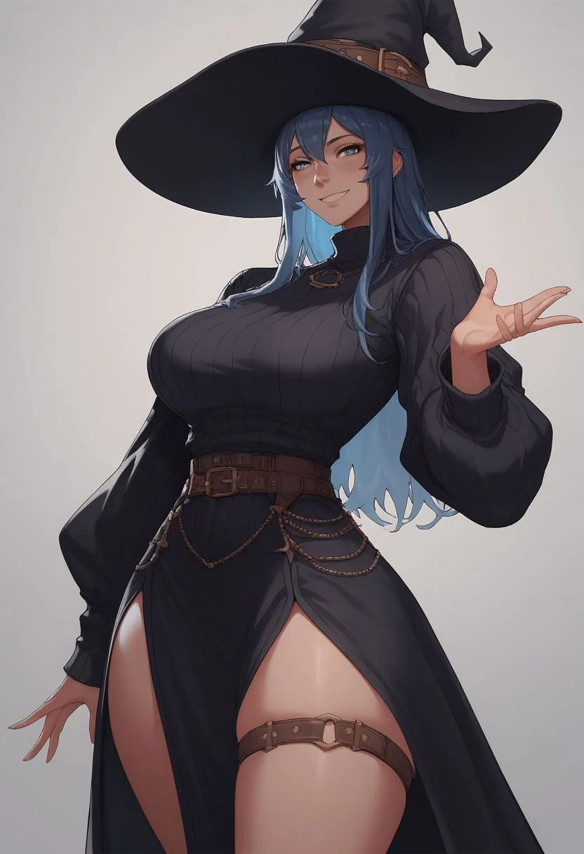 score_9, score_8_up, score_8, rating_explicit,
girl, tall, huge wide-brimmed hat, witch, black sweater with oversize sleeves, skirt, legwear, leg straps, soft smile, long blue hair, dark blue shiny hair, shining blue eyes,