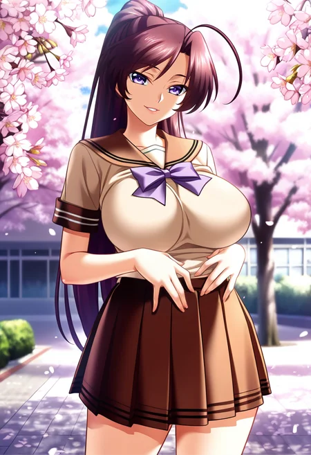 masterpiece, best quality, amazing quality,mifuyu kamijou, purple eyes, maroon hair, long hair, ponytail, ahoge, 1girl, solo, school uniform, breasts,large breasts,serafuku, pleated skirt,light brown shirt, brown skirt, purple bow, short sleeves, mature female,parted lips, light smile, standing, looking at viewer, cowboy shot, blurry background, outdoors, school, cherry blossoms <lora:mifuyu kamijouV1:1>