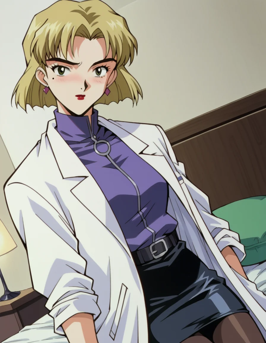 score_9, score_8_up, score_7_up, source_anime,
ritsukoakagi, <lora:ritsuko-akagi-classic-ponyxl-lora-nochekaiser:1>,
ritsuko akagi, short hair, blonde hair, mole, mole under eye, parted bangs, green eyes,
lipstick, skirt, jewelry, pantyhose, earrings, belt, pencil skirt, labcoat, shirt, purple shirt, turtleneck, zipper,
indoors, bed, bed room, on side, blush, drunk,
cowboy shot, looking at viewer, solo, dutch angle,