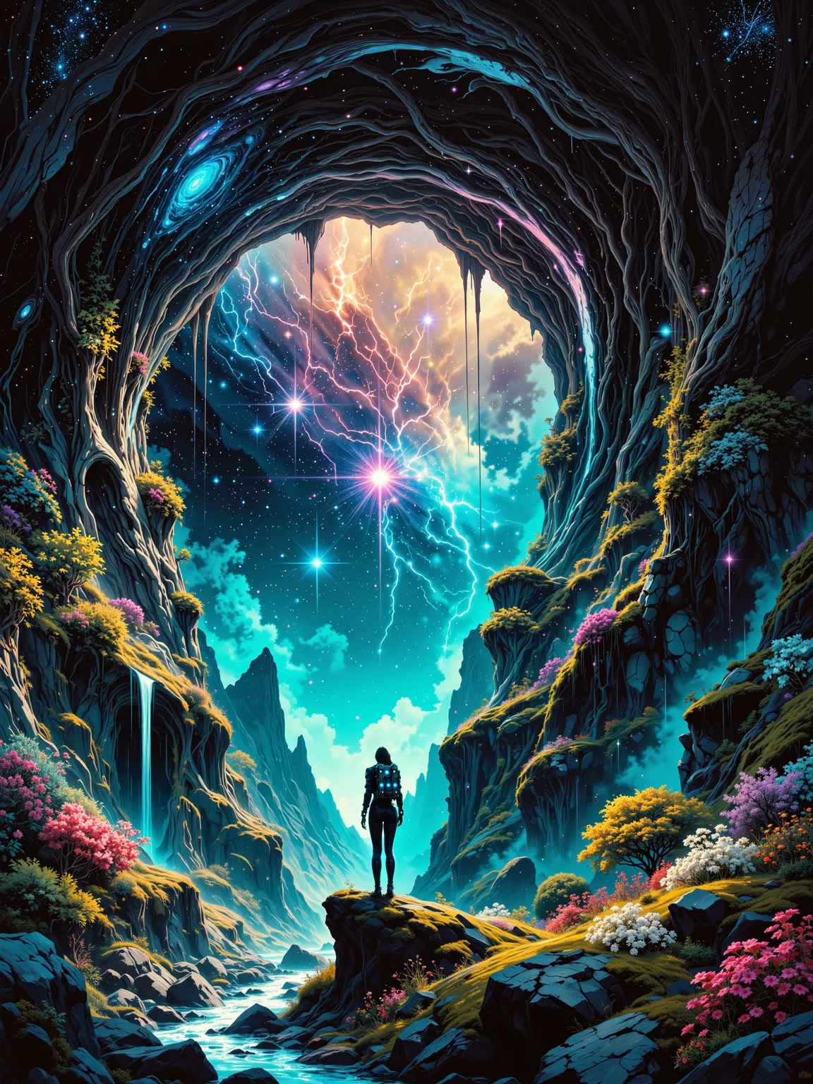 famous artwork inspired by wayne reynolds and chuck lukacs, science fiction, highly detailed, hyper-realistic, ultra-high-resolution, movie poster style, extraterrestrial jungle landscape under a galactic nebula at night, dark corners, dim lighting, very aesthetic and atmospheric, highly detailed environment, phenomenal and otherworldly, masterful use of light and shadow, grand composition, epic, fractal patterns in the plants and arch, the central focus is an immense, overgrown rock arch covered in lush jungle vegetation and glowing mineral veins in the middle ground, its sheer size and intricate details commanding attention, the arch is draped in jungle trees and exotic flora, gnarled roots and ancient vines cascading over its edges, delicate moss and bioluminescent flowers clinging to its surface, shimmering softly in the moonlight, veins of glimmering minerals run through the archâs rugged stone sides, where it isn't fully covered in plants, the veins are refracting the dim light into color gradient hues, as if the rock itself is infused with cosmic energy, creating an enchanting interplay of light and texture, the archâs curvature frames the sky beyond, its towering silhouette adding a dramatic focal point to the composition, a female galactic explorer in a form-fitting dark bodysuit wearing a large futuristic jetpack stands on a moss-covered rock ledge, gazing in wonder at the scenery, the foreground is rich with wondrous extraterrestrial flora, various patches of tiny colorful herbs, a few bushes carrying berries and moss, a tranquil river winds through the valley, reflecting the night sky and arch, scattered fireflies drift lazily through the air, distant mountains fade into a soft atmospheric haze, their silhouettes blending seamlessly into the dreamlike expanse, the composition is perfectly balanced, the lone woman adding a human element to the vast, surreal landscape, the use of light is masterful, with deep contrasts between the nebula sky and shadowy rock formations, the entire scene exudes a sense of tranquil wonder and cosmic mystery, a dreamlike untouched primordial world, the image is rendered in ultra-detailed cinematic realism, inspired by fantasy and science fiction art, blending elements of classical landscape painting with futuristic elements, richly textured materials, volumetric lighting, a sense of endless exploration and infinite possibility, burgundy and jet black and light beige and midnight purple and deep teal, ovg, in the style of ckpf, amanoer, <lora:style-painterly_fantasy-flux-by_chronoknight:0.6> <lora:style-retro_anime-flux-by_lizardman245:0.24> <lora:style-yoshitaka_amano-elden_ring-flux-by_alicient:0.48> <lora:image_enhancer-flux-by_dever:0.8>