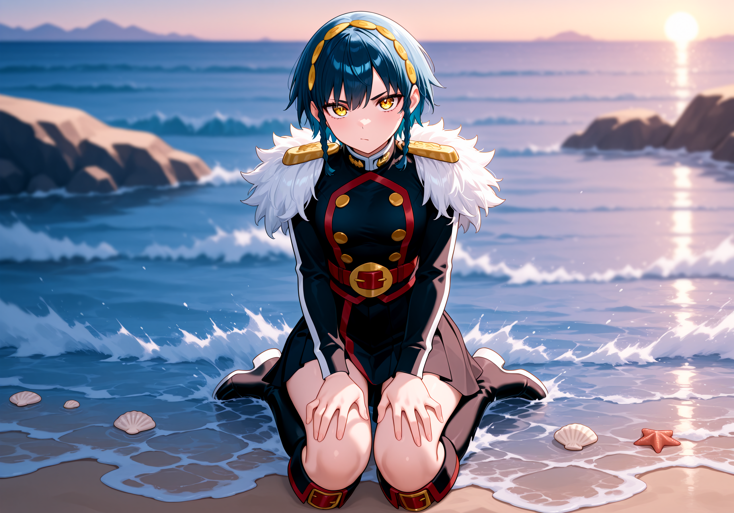 1girl, <lora:atobera_sn119:1>, tbzuma, yellow eyes, hairband, black uniform, white fur shoulders, black asymmetrical skirt, red belt, black knee boots,
kneeling, on knees, seaside, sand, seashells, front view, straight shot, looking at viewer, hand on knees,
high resolution, ultra-detailed, absurdres, masterpiece, best quality, good quality, newest,