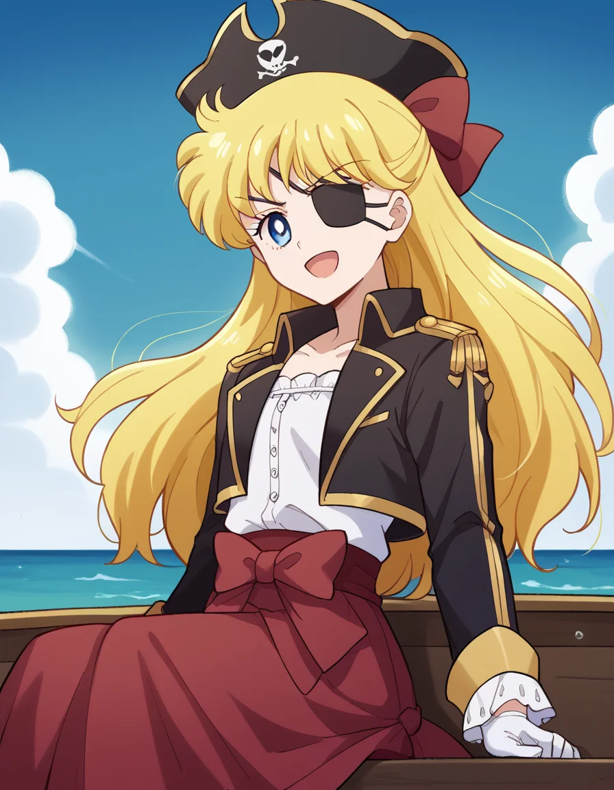 score_9, score_8_up, score_7_up, source_anime, <lora:minako-aino-eternal-movie1-ponyxl-lora-nochekaiser:1>, minako aino, blonde hair, blue eyes, bow, hair bow, half updo, long hair, red bow, tiara,, <lora:pirate-costume-ponyxl-lora-nochekaiser:1>, pirate costume, pirate hat, skirt, gloves, jacket, shirt, eyepatch,, blue sky, sea, ocean, pirate ship, treasure, gold, smug, open mouth, from below, sitting,, cowboy shot