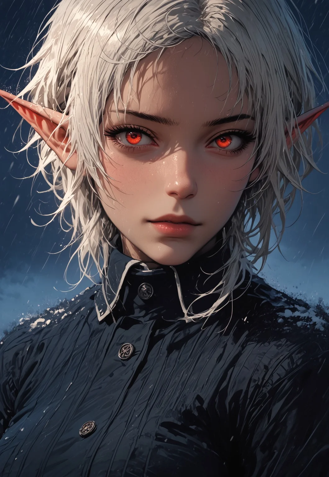 embedding:urn:air:sd1:embedding:civitai:222256@250708, score_9, score_8_up, score_7_up, score_6_up, score_5_up, score_4_up, a majestic 1girl, pretty girl, cute face, beautiful face, detailed face,shiny skin,(massive teardrop breasts) ,sylphy, short hair,  white hair, pointy ears, elf,red eyes, long sleeves, boots, pants, uniform, shirt, white shirt, looking at viewer,  snowstorm with a bright blue moon light in the background and a starry sky, vivid colors, vibrant, hair,  surreal images, unreal engine 5, higher resolution textures, 4k graphic resolution,photorealistic,HD32k, colorful,beautiful scenery,rain,starry sky,night, reflection,no humans, vivid colors,atb,