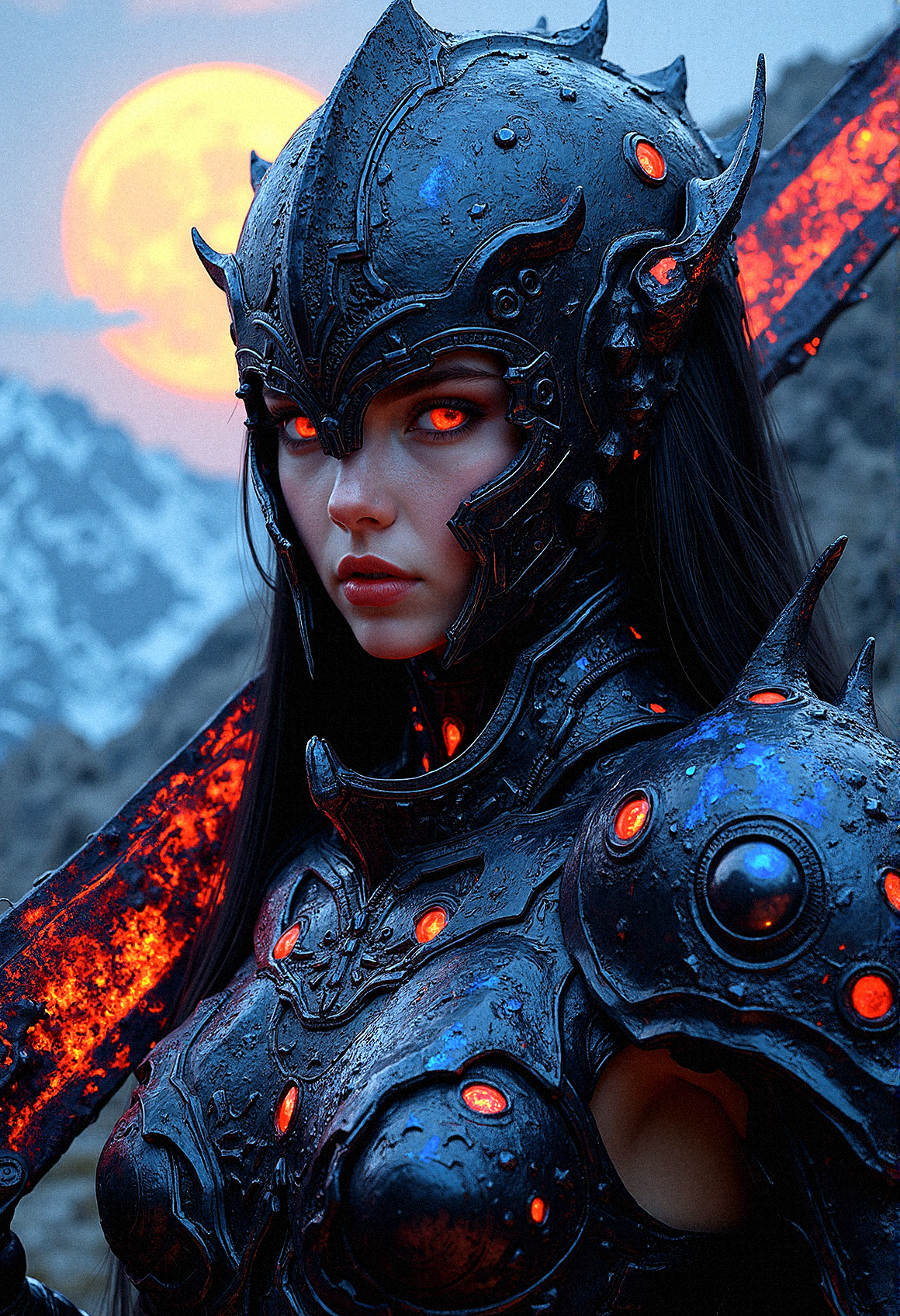 Envision a close-up of a female dark warrior in intricately designed armor, the metal gleaming with both moonlight and an internal, supernatural glow. The armor is detailed with spikes and jagged edges, with red and blue orbs embedded within the chest and shoulders, pulsing rhythmically. The helmet covers most of the face, leaving only the eyes visible, her beautiful crimson eyes that seems to pierce through the night. The figure’s sword, a massive weapon bathed in red flames, reflects on the polished metal, casting shadows and illuminating the faint engravings that run along the edges of the armor. Behind the warrior, the full moon hangs low in the sky, surrounded by swirling red and blue energy clouds that seem to pulse in time with the orbs on the armor.
Jagged mountains in the background, barely visible under the moonlight, adding a sense of scale.Jagged mountains in the background, barely visible under the moonlight, adding a sense of scale.

The close-up captures the tension and raw power of the scene, with every detail of the armor and weapon meticulously rendered, giving a sense of both ancient craftsmanship and otherworldly strength.Head angled slightly to the right, her intense gaze focused forward, as the flames illuminate the engravings on her armor.
Embedded Crystal Veins – Red and blue crystal veins branching out from the orbs, giving a fractured look.

