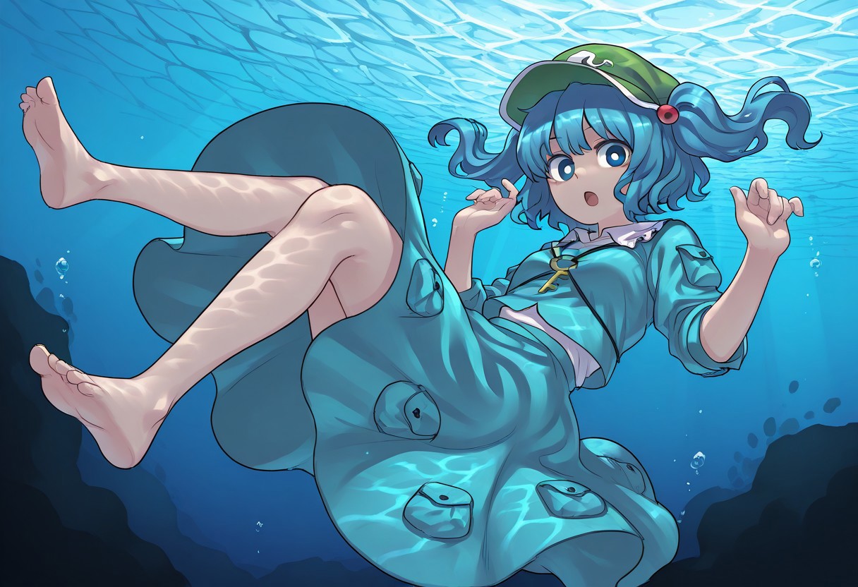 best quality, hires, from below, close up, dutch angle,
1girl, solo, kawashiro nitori,
looking at viewer,
hands up, 
underwater, submerged, caustics, wavy hair,
open mouth, floating hair, floating clothes,
open mouth,
barefoot, dynamic pose,
air bubble, dappled sunlight, bright pupils,