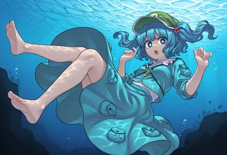 best quality, hires, from below, close up, dutch angle,
1girl, solo, kawashiro nitori,
looking at viewer,
hands up,
underwater, submerged, caustics, wavy hair,
open mouth, floating hair, floating clothes,
open mouth,
barefoot, dynamic pose,
air bubble, dappled sunlight, bright pupils,