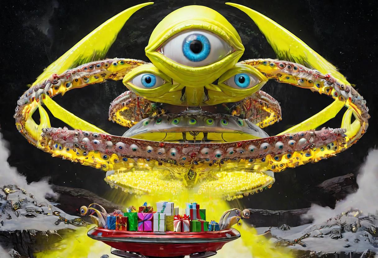 seraphins, mystical creature with hundreds of eyes and wings, roswell alien with yellow christmas hat, delivering presents with santa riding a ufo sleigh, intricate complexity, surreal horror, inverted neon yellow drip paint, photoreal