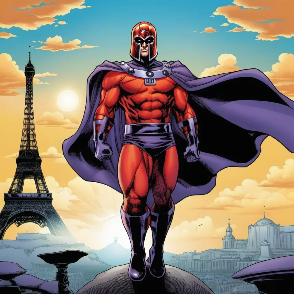 comic a full body powerfull man with a helmet and a cape, paris background<lora:Magneto1024:0.8> . graphic illustration, comic art, graphic novel art, vibrant, highly detailed
