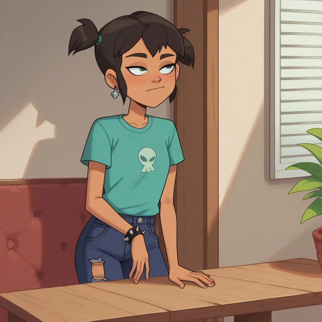 Expressiveh,zPDXL3,score_9_up, score_8_up, score_7_up, 1girl, solo,ota_artist,1girl ,solo,Dark-skinned female, Becker degona,torn pants, spiked bracelet, teal shirt,