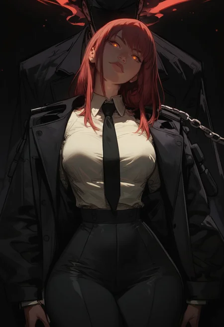 score_9, score_8_up, score_7_up, score_6_up, aesthetic ,
1girl, mak1ma0, red hair, long hair, ringed eyes, white collared shirt,black necktie, black pants, medium breasts, thick thighs, wide hips,  black trouser, black long coat, two piece suit, illustration, dark background, sexy waist, sketch lines, semi realistic, character, closer view, zoom in, character design, concept art, detailed, shading, medium breast, pretty face, leaning pose, head tilt, sketchy lines, fit, noir style, glowing eyes, menacing aura, chains in background
<lora:Expressive_H:1>, <lora:incase-ilff-v3-4:0.3>, <lora:saigalisk_pd:0.8> <lora:add-detail-xl:0.3> <lora:g0th1cPXL:0.3> <lora:mak1ma0XL_Pony_v1:0.8>
