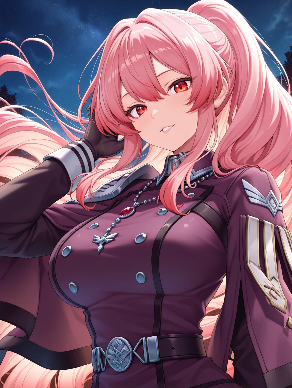 exosister martha, 1girl, solo, floating hair, upper body, parted lips, looking at viewer, shiny, red eyes, large breasts, night sky, smile, purple military dress uniform, purple capelet, black gloves, silver necklace, adjusting hair,
masterpiece,best quality,amazing quality,very aesthetic,absurdres,newest,<lora:Exosister Martha illusXL v1:0.7>,
