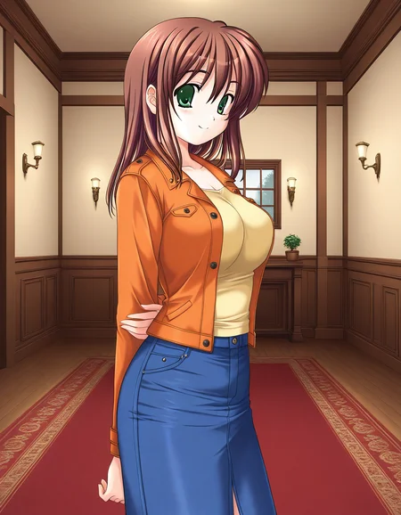 general,highres, ultra-detailed,very aesthetic,best quality ,best hands, BREAK <lora:Yotsutani_Asako_IS:1>YotsutaniAsako, 1girl,solo, brown hair, green eyes, large breasts, long hair,
1girl, solo, denim, blue skirt, orange jacket, smile, jeans, arms behind back, denim skirt, Yellow sleeve,
Western-style building, room, carpet,