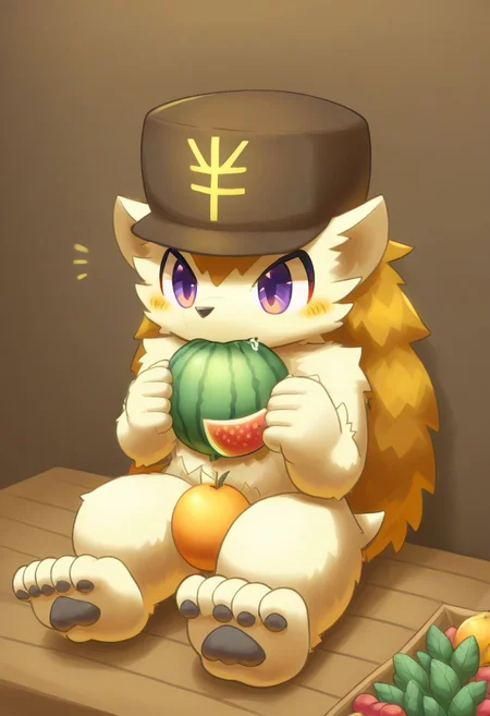 furry, anthro, cute, kemono, male focus, solo, score_9, score_8_up, male, full body, digital art, highly detailed, zPDXL2, hedgehog, hat with yen sign, purple eyes, excessive fruits, vomiting fruits, fruits in mouth, fruits all over body, blush, sitting to the viewer, fruits, neon, mad-frts