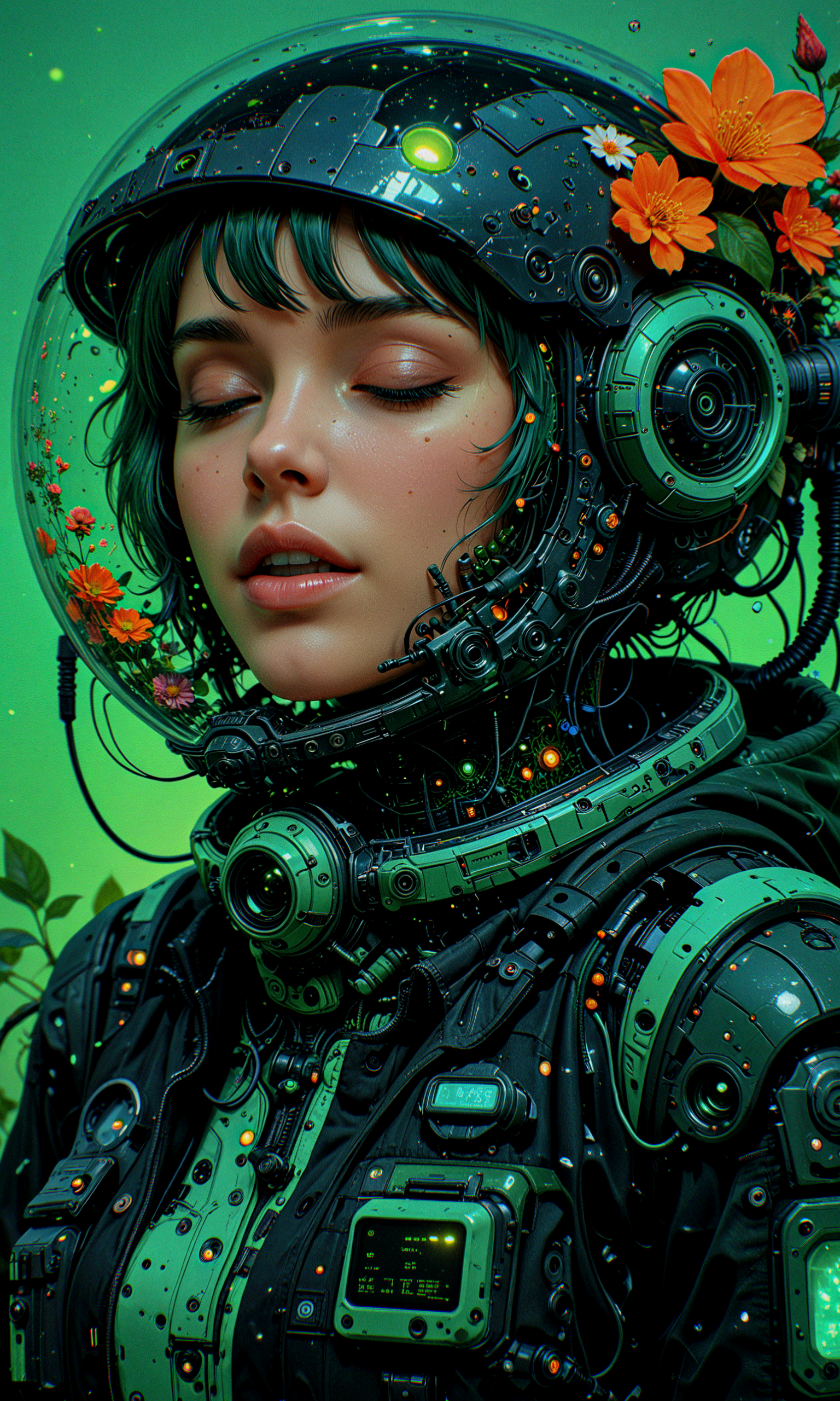 masterpiece, best quality, amazing quality, very aesthetic, absurdres, newest
digital art, frontal closeup, futuristic, sci-fi
1girl, solo, upper body, eyes gently closed, upper teeth
helmet, biosphere inside helmet, organic elements, technology, black jacket, detailed design, high contrast, intricate details, dreamlike atmosphere
green background, lush green plants, glowing flowers
artist:moriimee, in the style of cksc, in the style of cknc, in the style of ck-rw <lora:reij-detaILer v2:0.5> <lora:spo_sdxl_10ep_4k-data_lora_webui:0.8> <lora:MoriiMee_Gothic_Niji_Style_Illustrious_r1:0.4> <lora:ck-shadow-circuit-IL-000012:0.65> <lora:ck-nc-cyberpunk-IL-000011:0.4> <lora:ck-neon-retrowave-IL-000012:0.2>